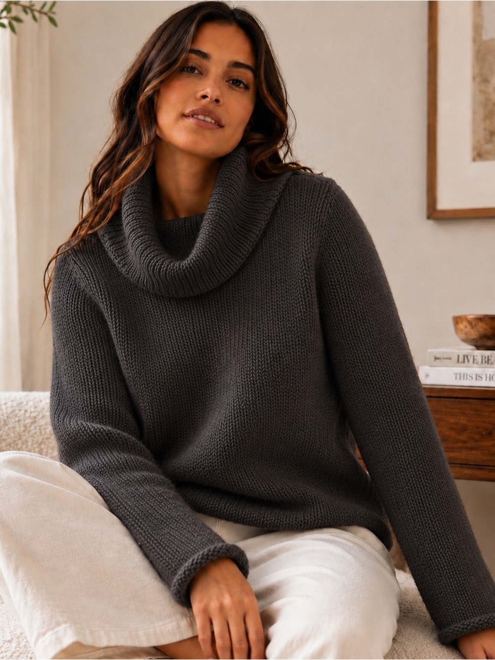 Pure Hand Knit Fresh Produce Chunky Cotton Cowl Neck Black Sweater M/L